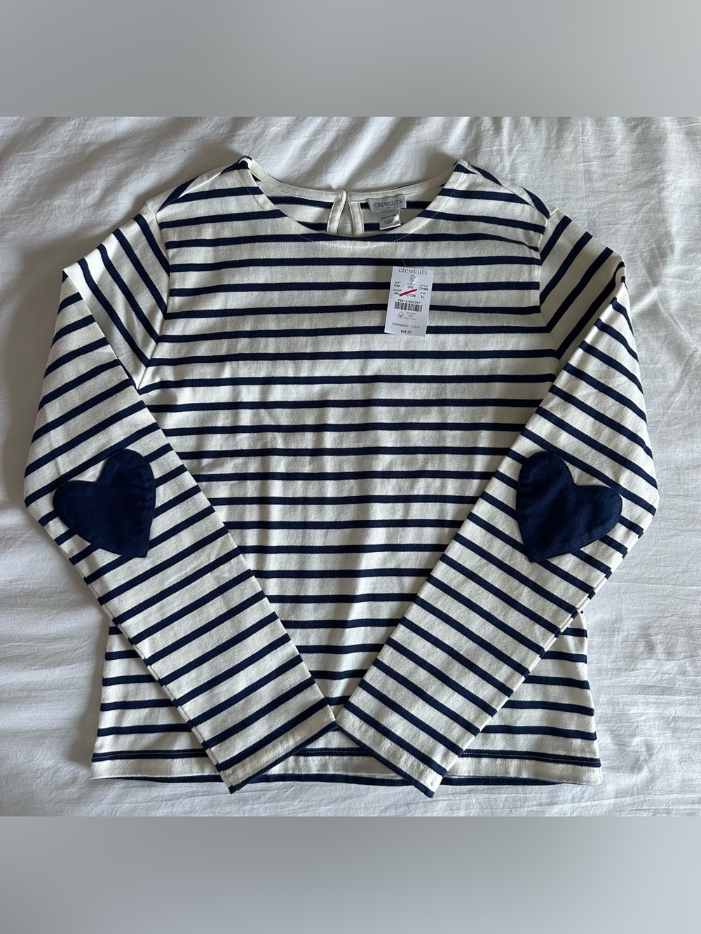 J.Crew Crewcuts Girls Navy Stripe Heart Elbow Patch Long Sleeve Shirt XL 12/14